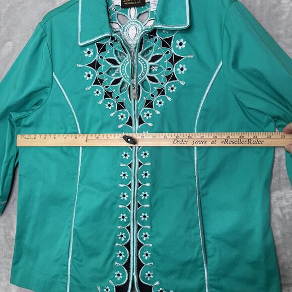 Bob Mackie Wearable Art Jacket Womens 1X Green Embroidered Floral Zip Up Retro - Picture 8 of 12
